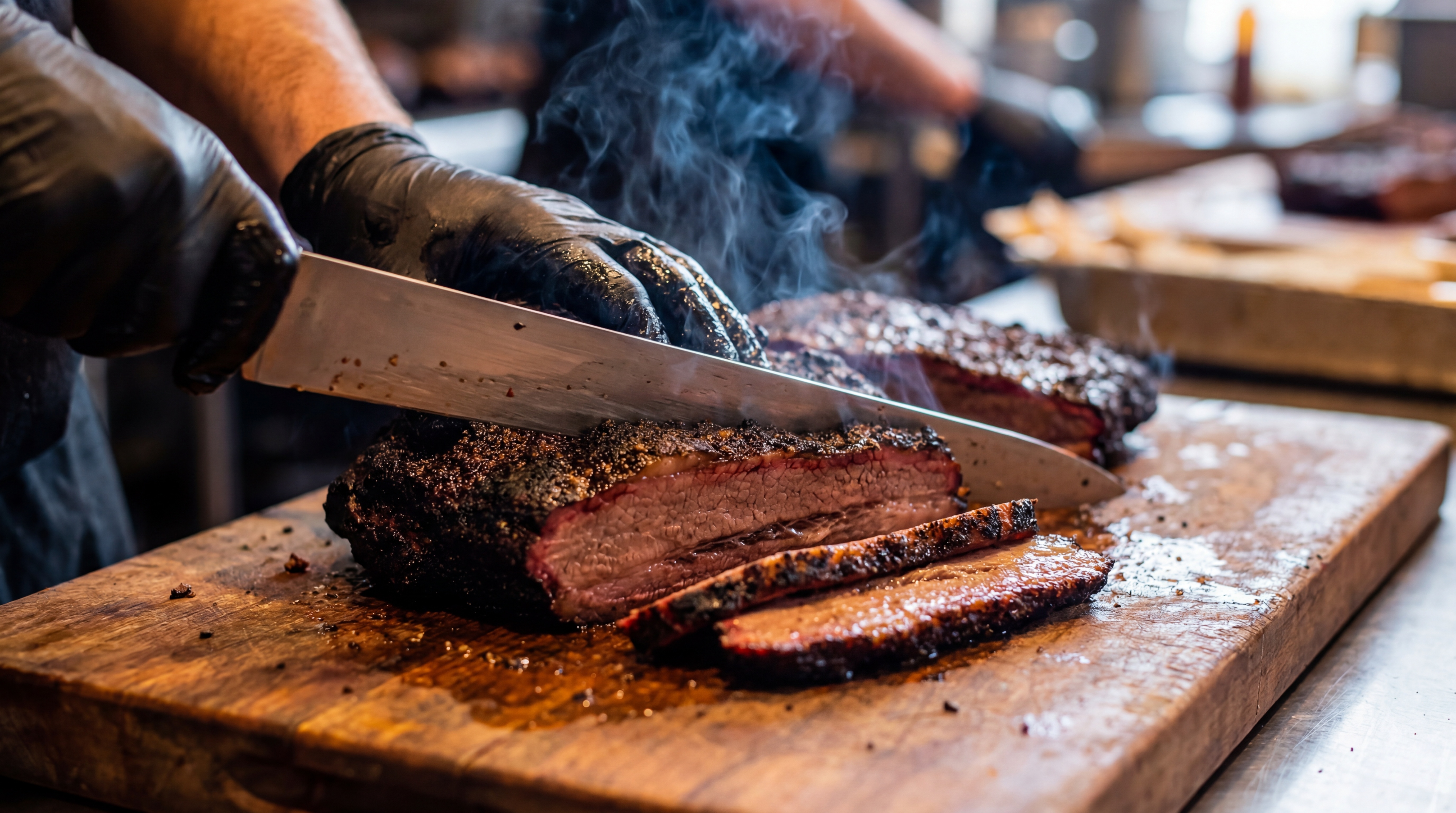 Fresh smoked brisket being sliced on a wooden board
