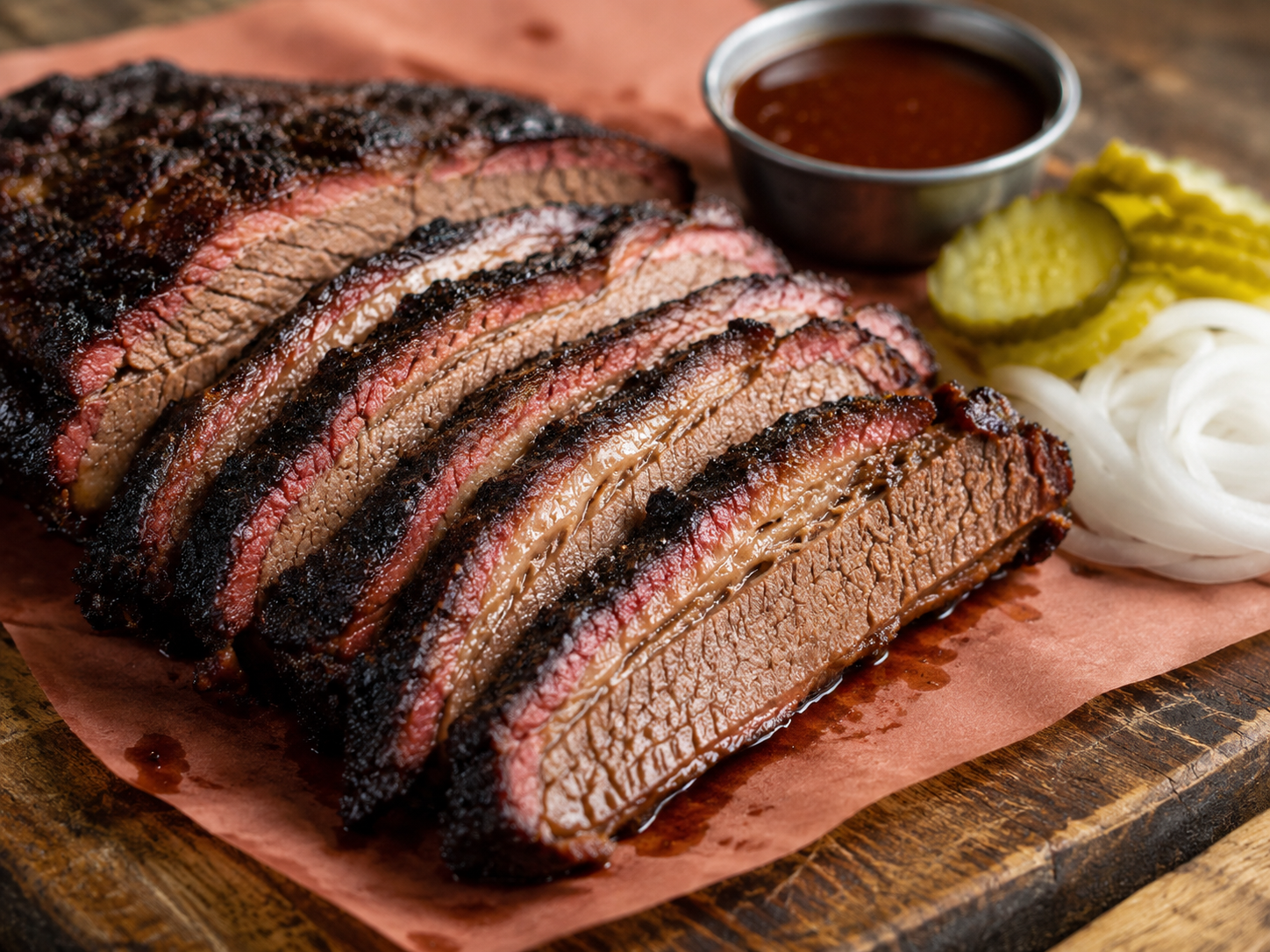 Sliced smoked brisket with pickles, onions, and sauce