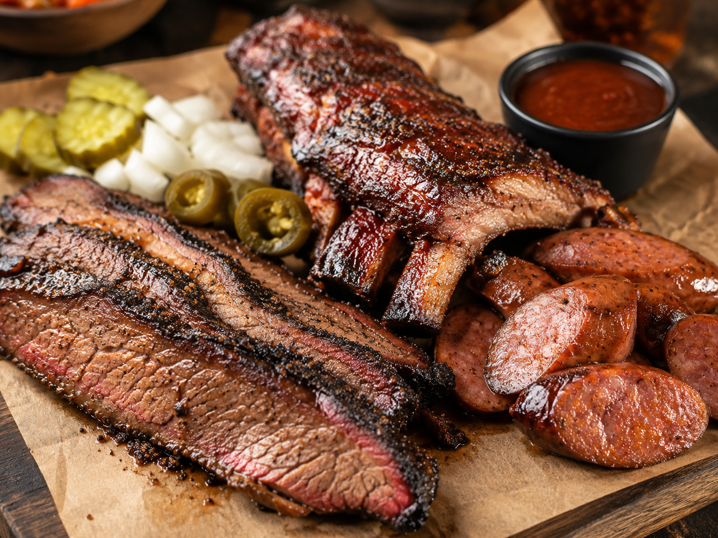 Mixed barbecue spread with brisket, ribs, sausage, pickles, onions, and sauce